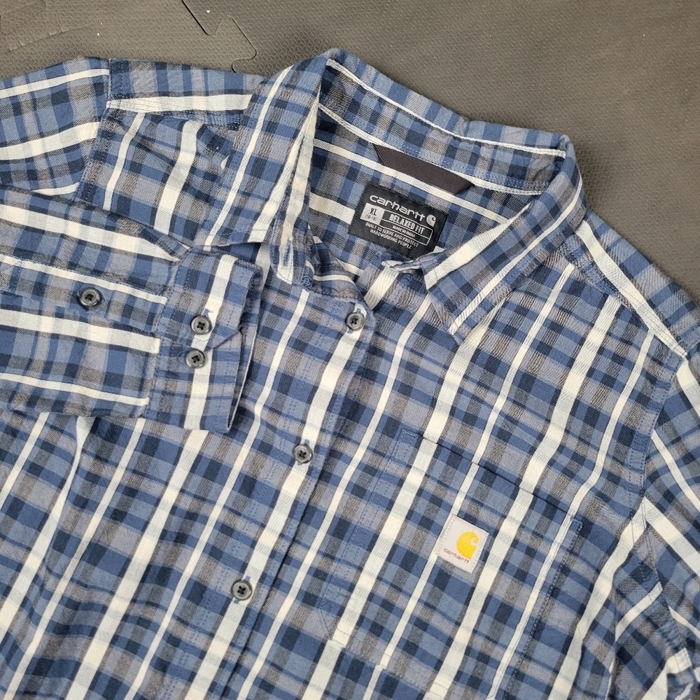 Carhartt Long Sleeve Plaid Shirt Men's‎ XL Relaxed Fit Blue Button Down